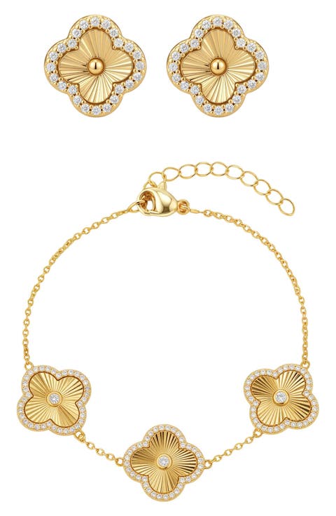 Cubic Zirconia Halo Fluted Bracelet & Earrings Set