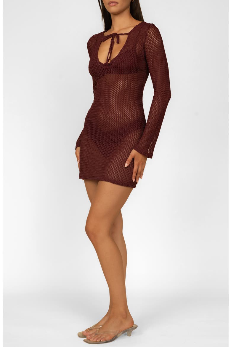 Sophia Long-Sleeve Cover-Up Minidress, Alternate, color, MAROON CROCHET