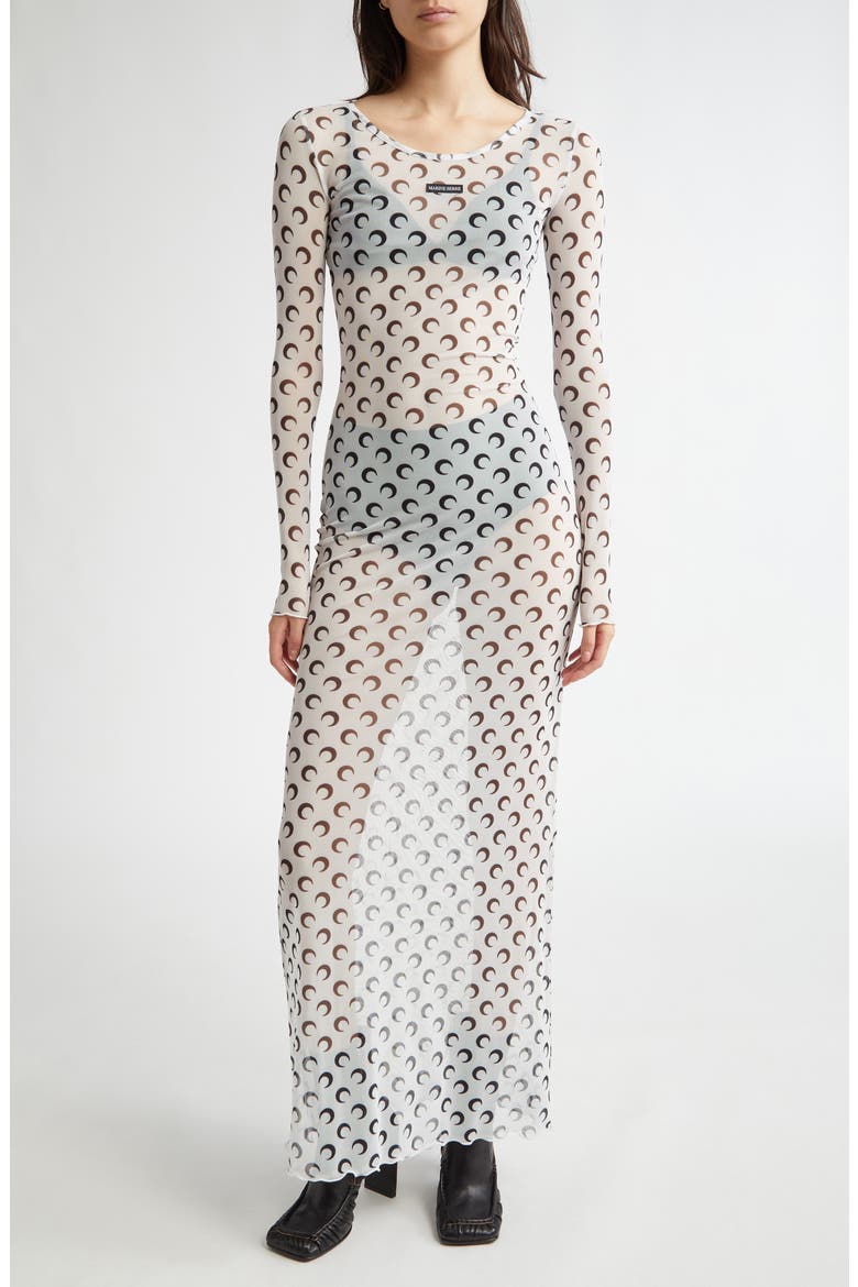 Moon Print Sheer Long Sleeve Mesh Dress, Main, color, OPTICAL WHITE
