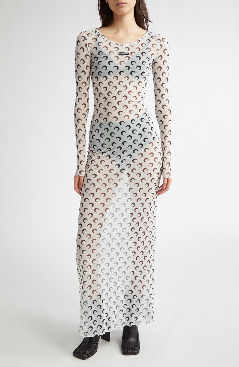 Marine Serre Moon Print Sheer Long Sleeve Mesh Dress, Main, color,