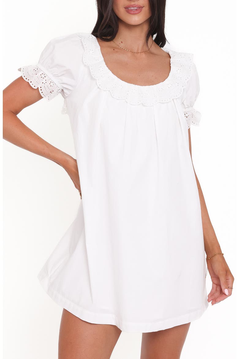 Merlyn Eyelet Ruffle Shift Dress, Main, color, WHITE