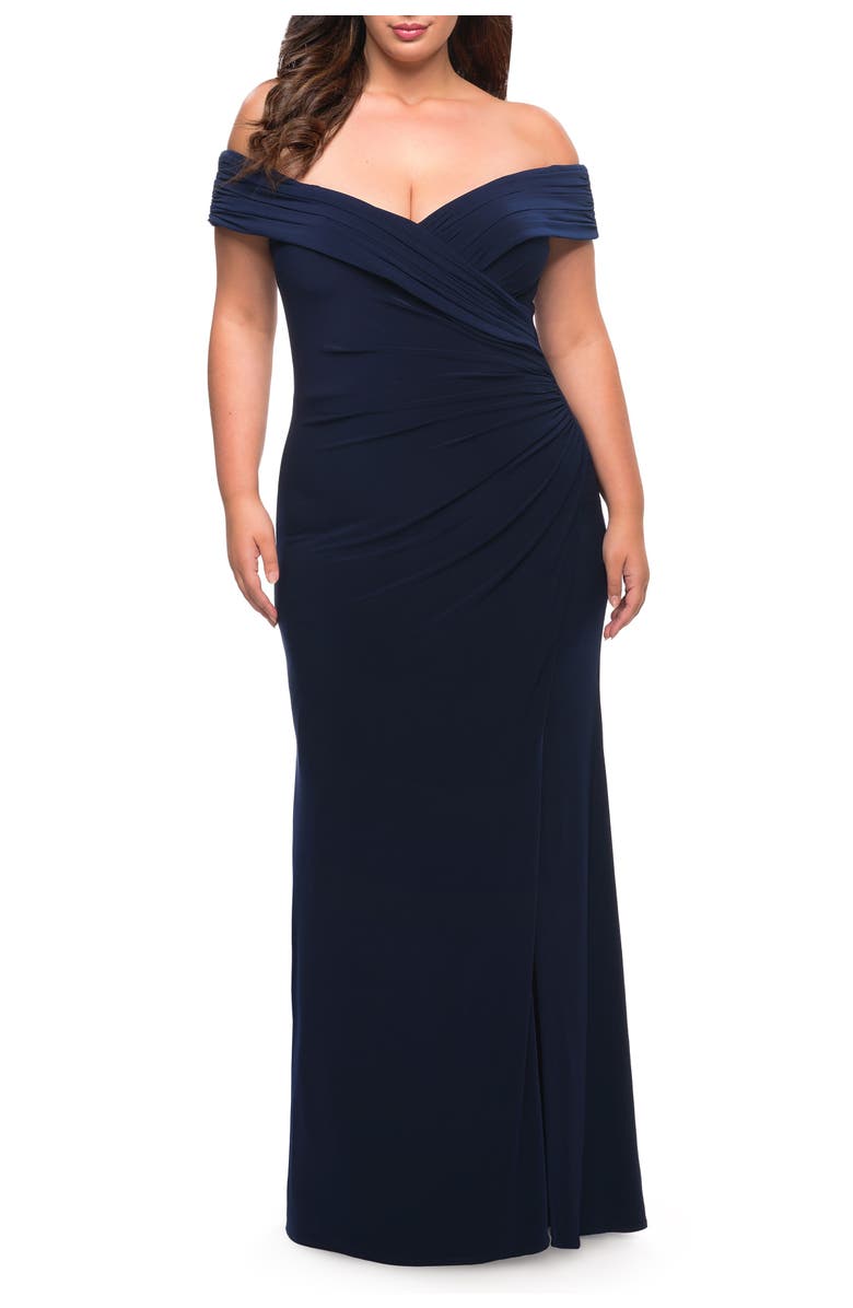 La Femme Jersey Plus Size Dress with Off the Shoulder Top, Alternate, color, Navy