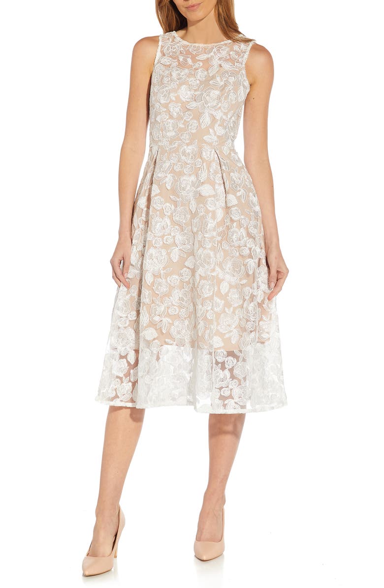 Adrianna Papell Floral Embroidered Fit & Flare Midi Dress, Main, color, 