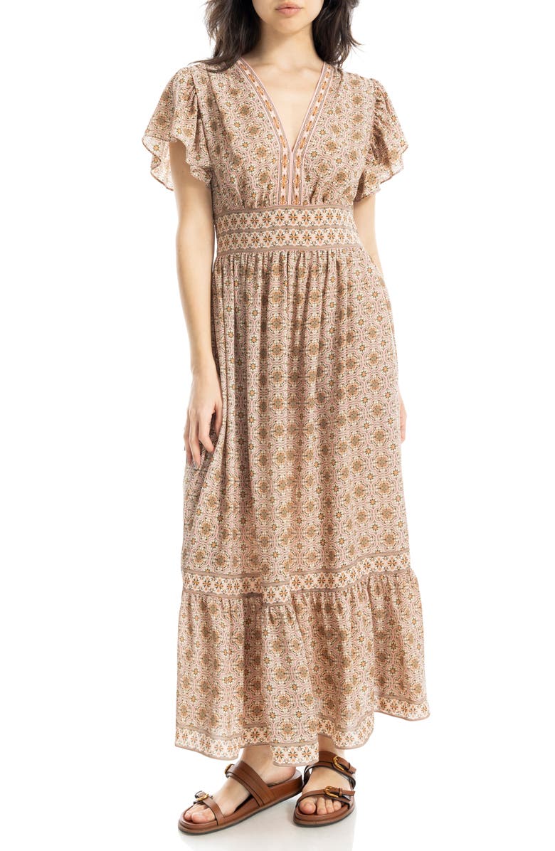 MAX STUDIO Flutter Sleeve Floral Tiered Maxi Dress, Alternate, color, Blush/ Olive
