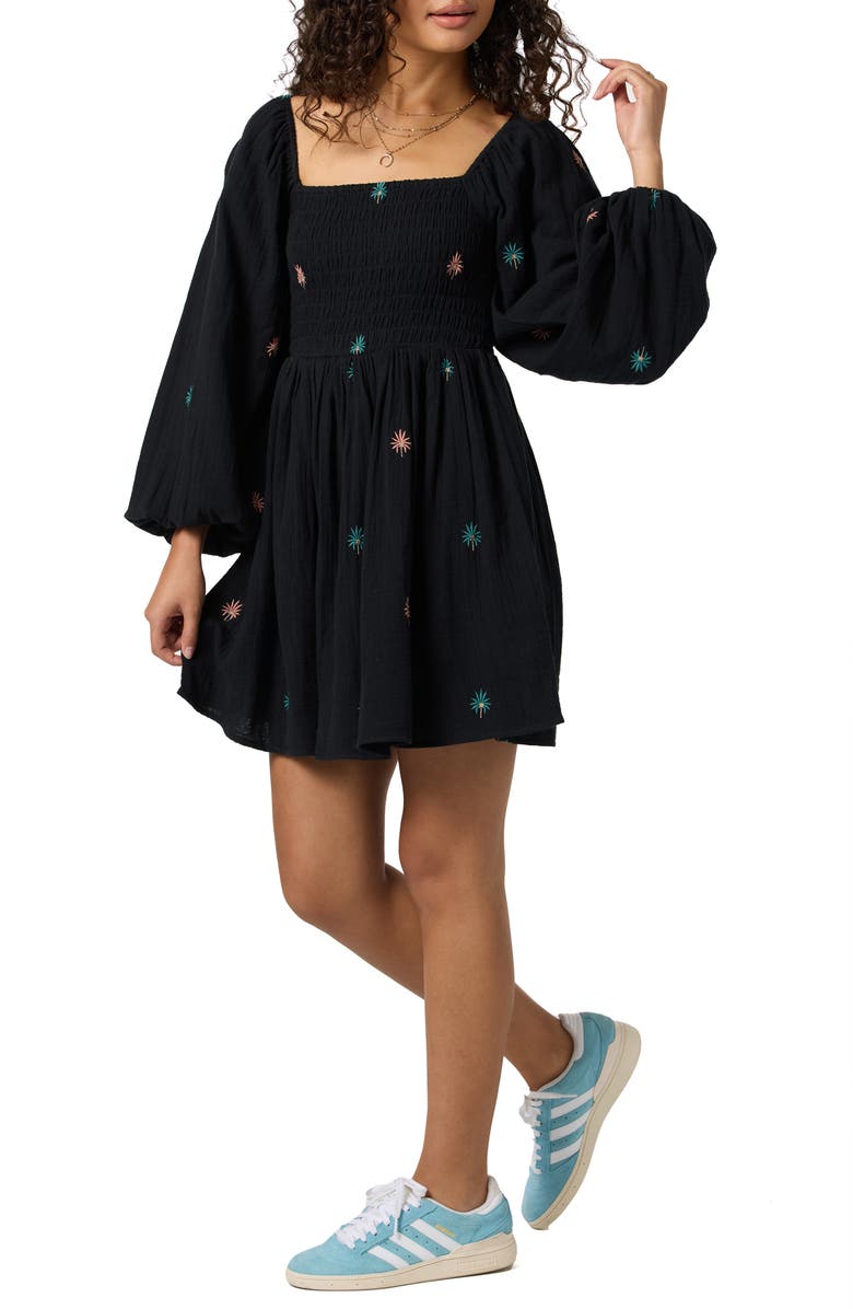 O'Neill Gracyn Palm Embroidered Long Sleeve Dress, Alternate, color, Black