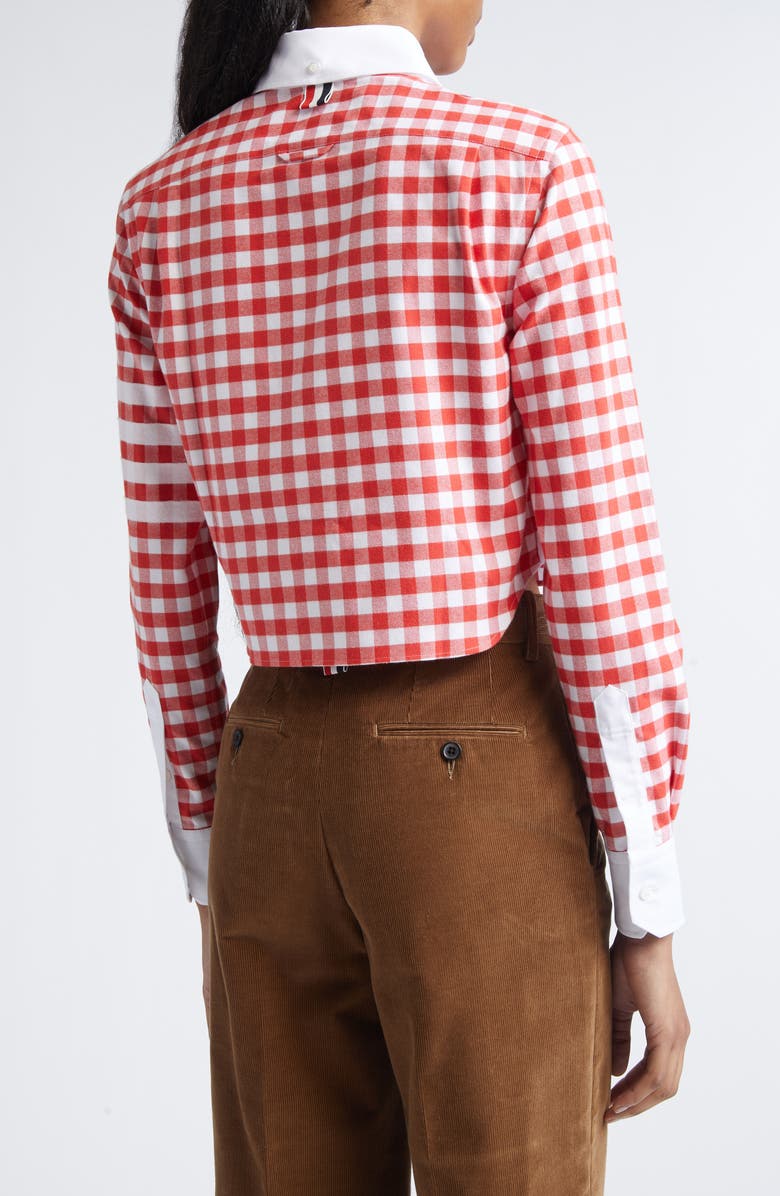 Thom Browne 4-Bar Gingham Check Flannel Crop Button-Up Shirt, Alternate, color, Red
