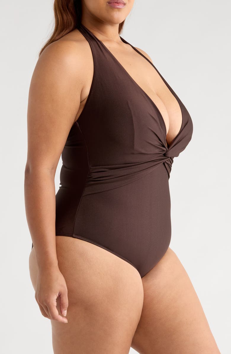 MANGO Drape Halter One-Piece Swimsuit, Alternate, color, Chocolate