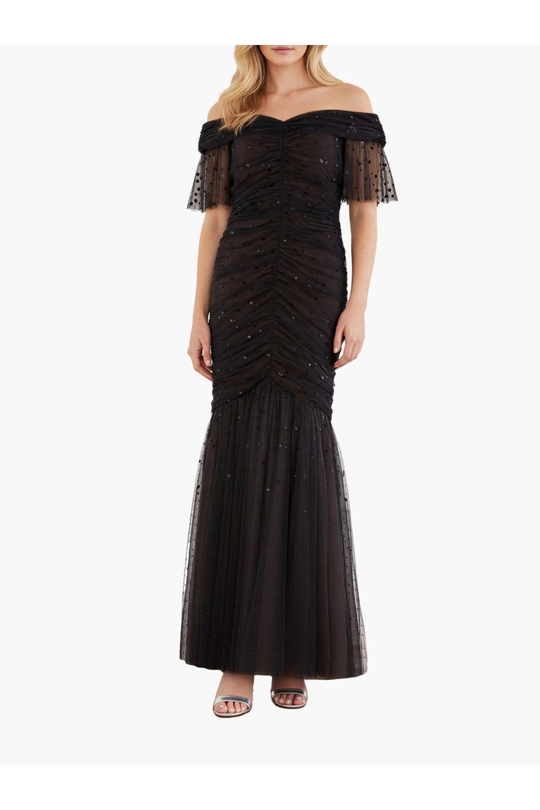 Dappled Sequin Rouched Off-Shoulder Gown, Main, color, Graphite/Warm Taupe