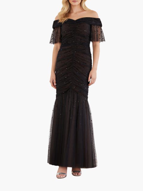 Dappled Sequin Rouched Off-Shoulder Gown