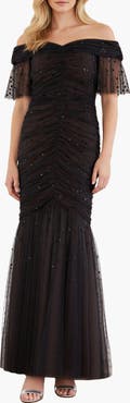 Needle & Thread Dappled Sequin Rouched Off-Shoulder Gown