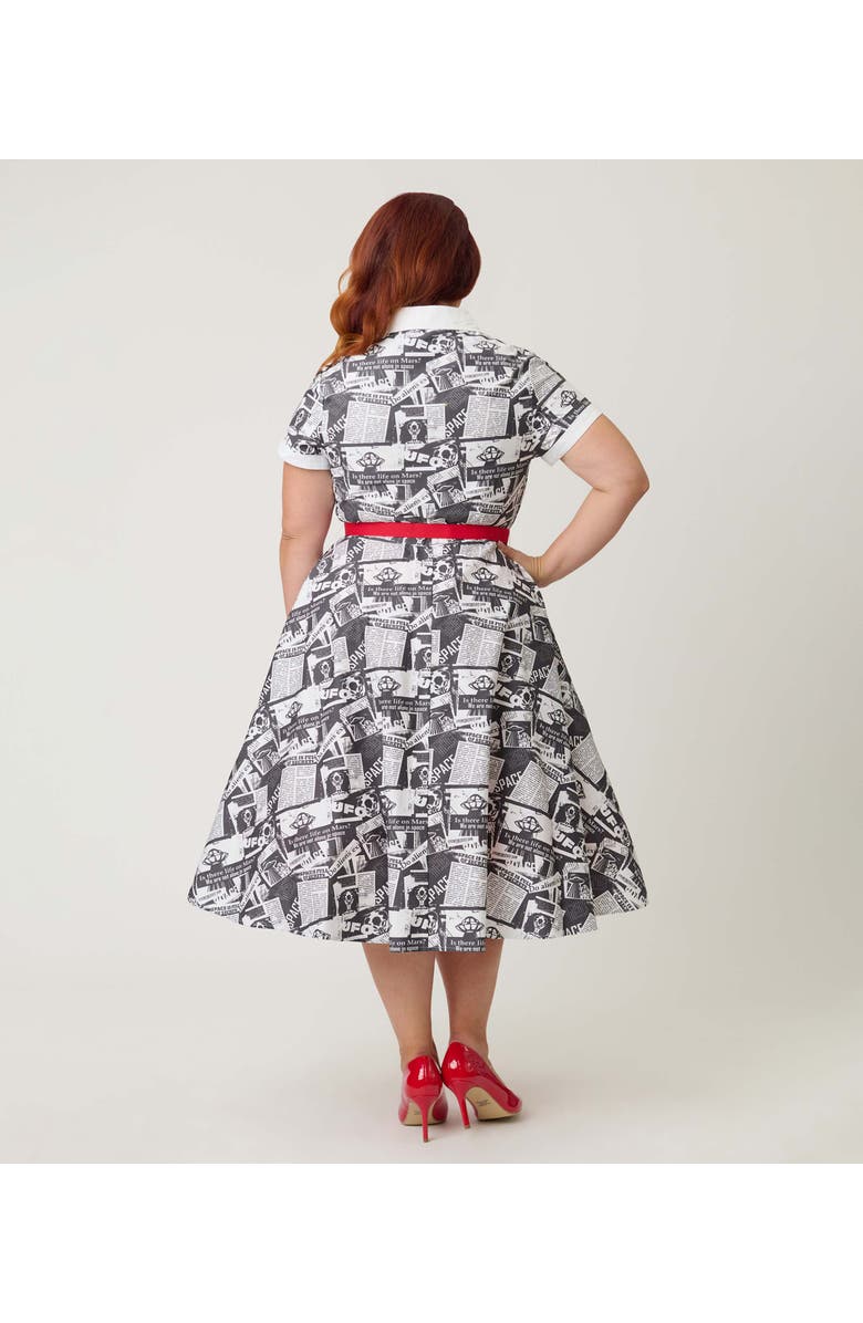 Unique Vintage Plus Size Collared Short Sleeved Belted Alexis Swing Dress, Alternate, color, Black & White Newspaper Print