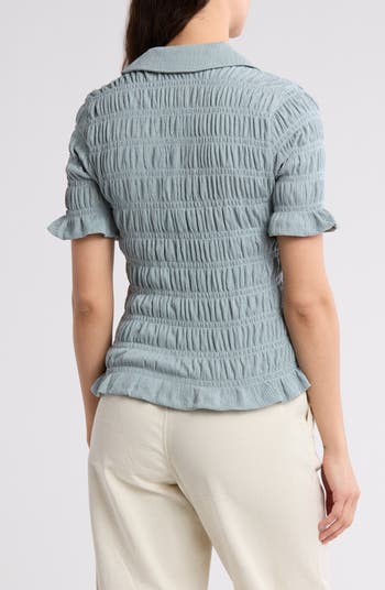 Smocked Short Sleeve Button-Up Shirt