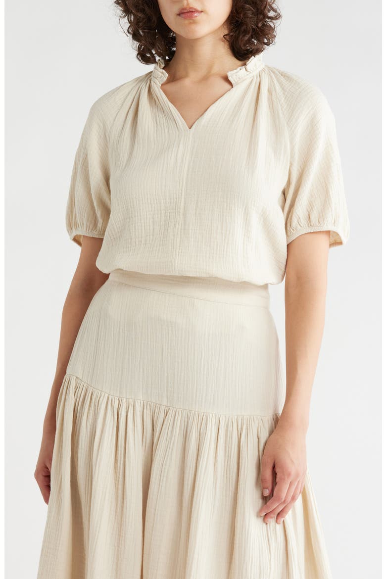 Split Neck Puff Sleeve Cotton Gauze Top, Main, color, BEIGE RAINY DAY