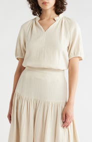 Caslon® Split Neck Puff Sleeve Cotton Gauze Top