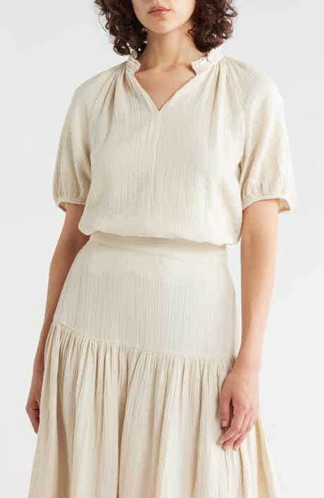 Split Neck Puff Sleeve Cotton Gauze Top