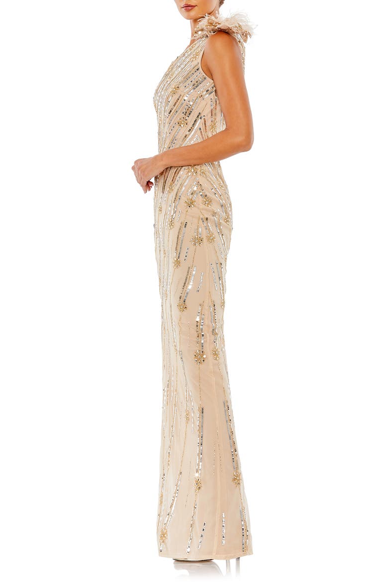 Embellished Floral Detail One Shoulder Gown, Alternate, color, NUDE GOLD