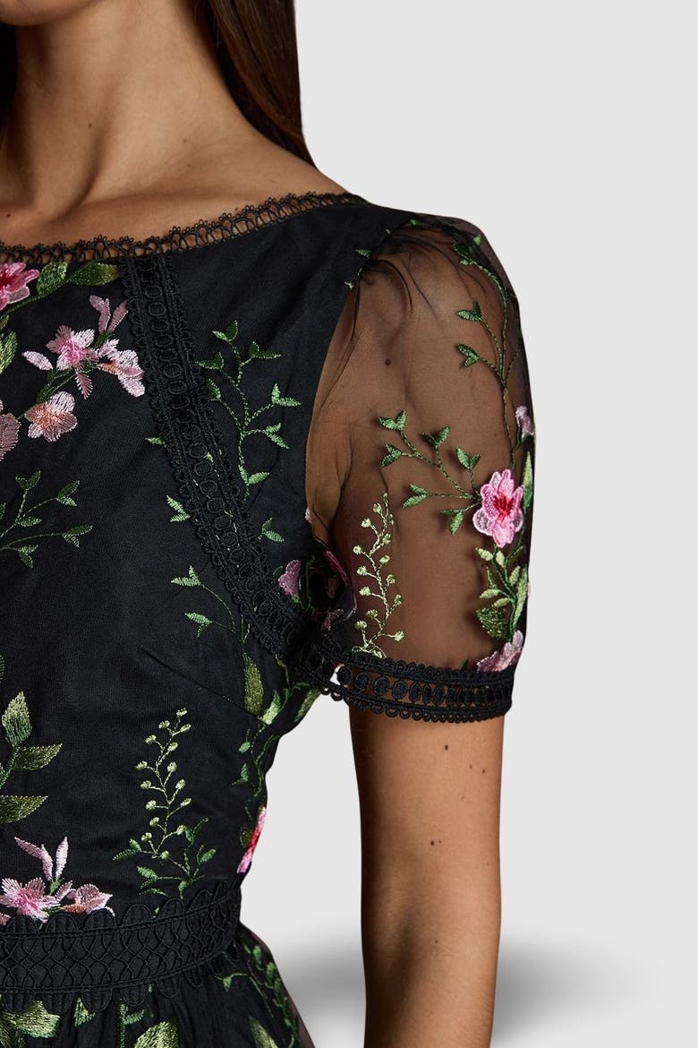Lace Trim Embroidered Mesh Midi Dress, Alternate, color, Black