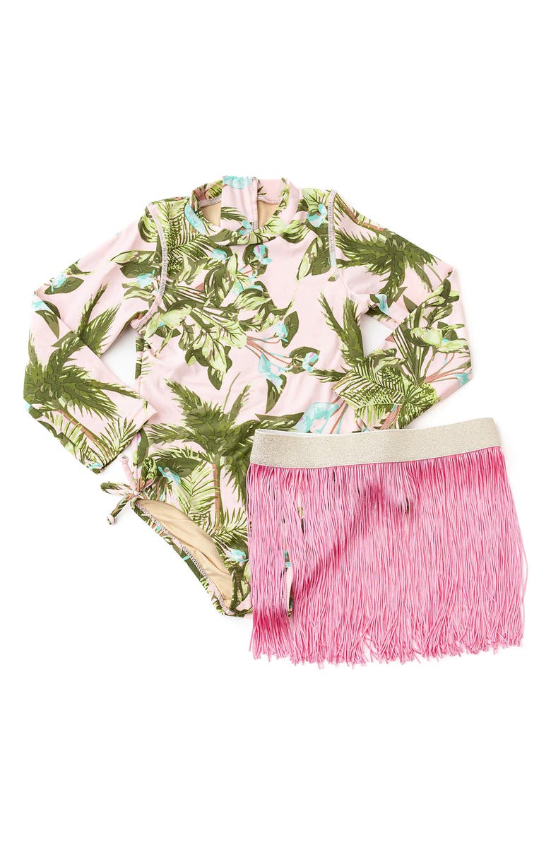 Shade Critters Kids' Blush Tropics One-Piece Rashguard Swimsuit & Fringe Cover-Up Skirt Set, Main, color, Pink
