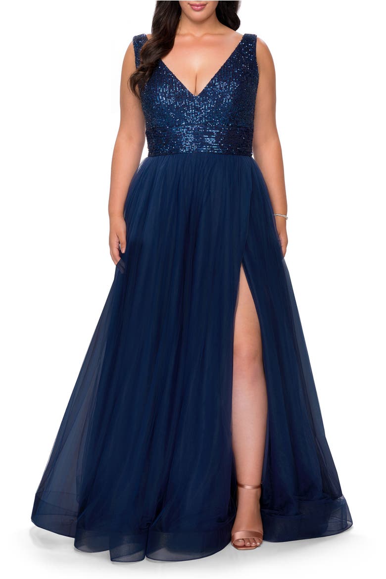 Curvy A-line Gown with Sequin Bodice and Tulle Skirt, Alternate, color, Navy