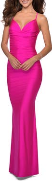 La Femme Neon Dress with Ruching and Strappy Back