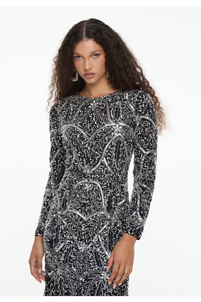 Modest Embellished Sequin Beaded Dress Maxi With Fit Bodice and Trail, Alternate, color, BLACK