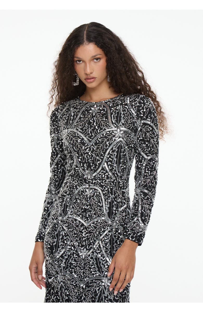 MARYISA Modest Embellished Sequin Beaded Dress Maxi With Fit Bodice and Trail, Alternate, color, Black