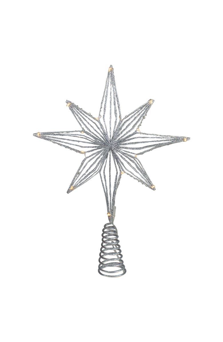 Northlight 13.75" LED Lighted B/O Silver Glittered Geometric Star Christmas Tree Topper - Warm White Lights, Main, color, Silver