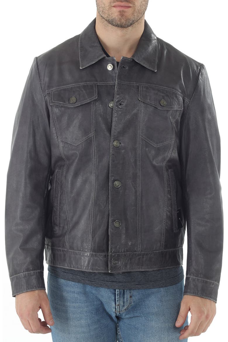 Leather Trucker Jacket, Main, color, BLACK