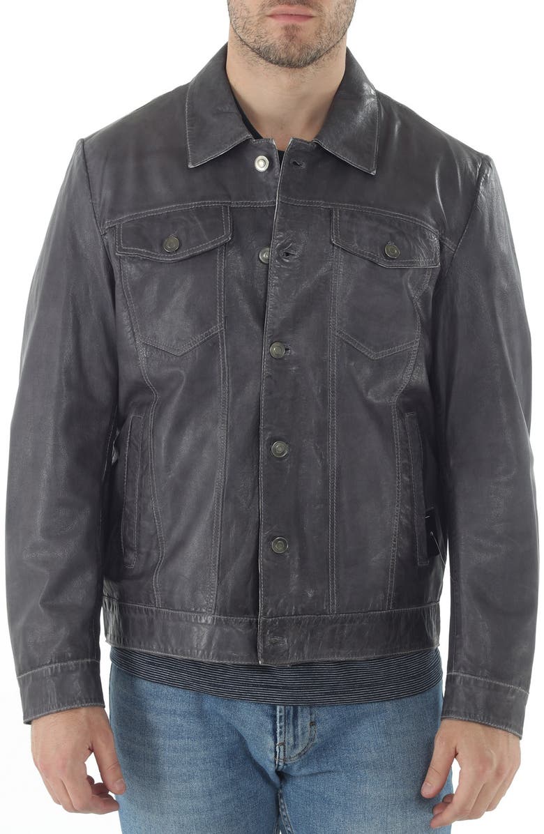 Missani Le Collezioni Leather Trucker Jacket, Main, color, Black
