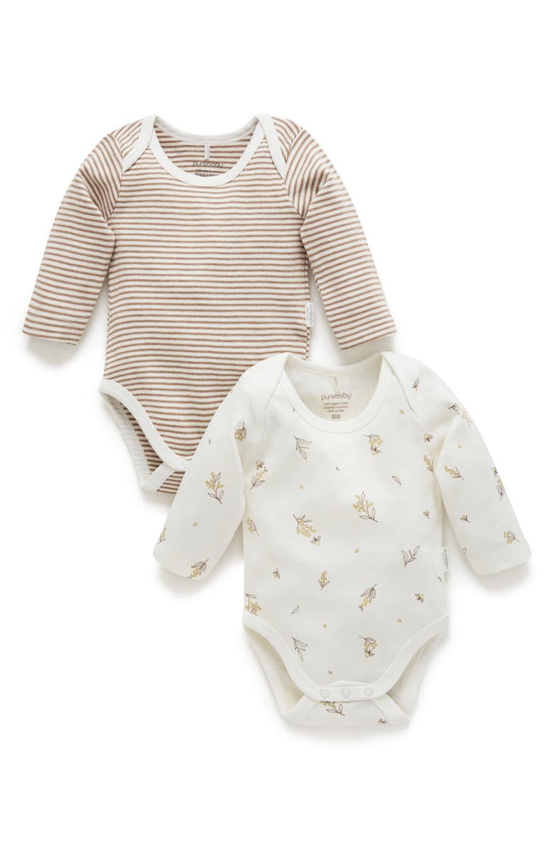 Purebaby 2 Pack Long Sleeve Bodysuit, Main, color, Vanilla Wattle Bee Pack