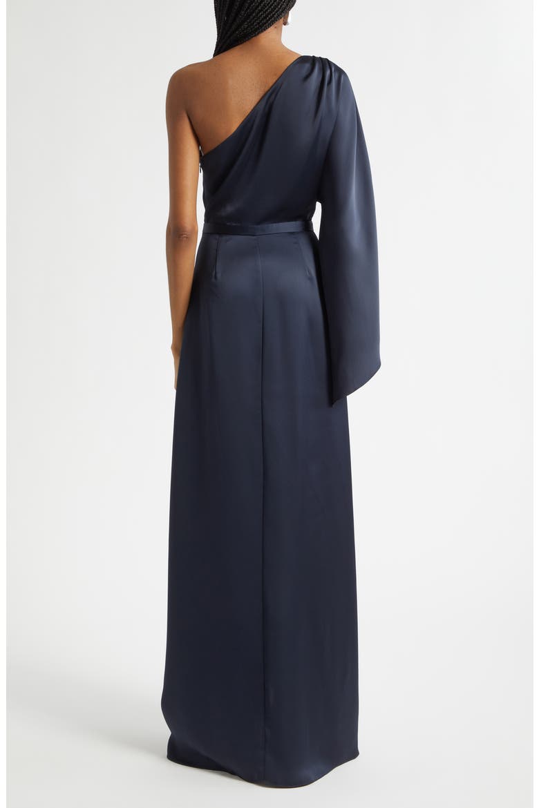 Opal One-Shoulder Single Long Sleeve Satin Gown, Alternate, color, NAVY