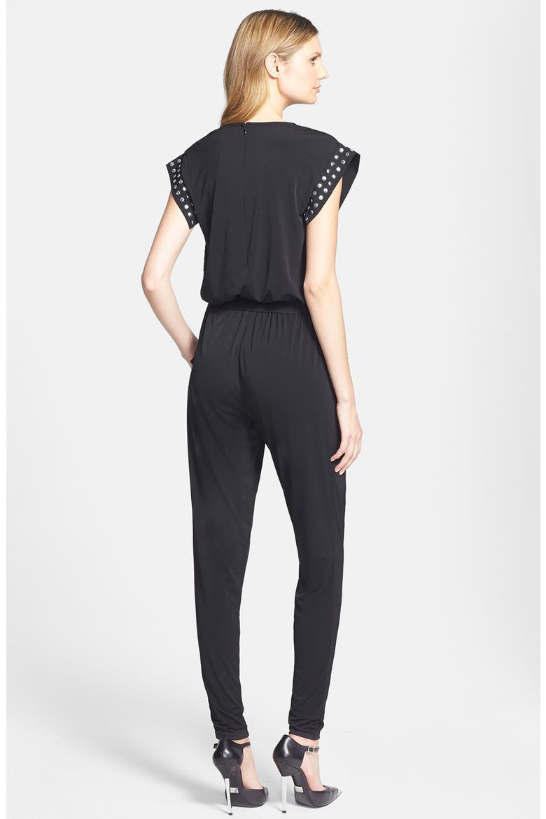 Studded V-Neck Jumpsuit, Alternate, color, BLACK/ SILVER
