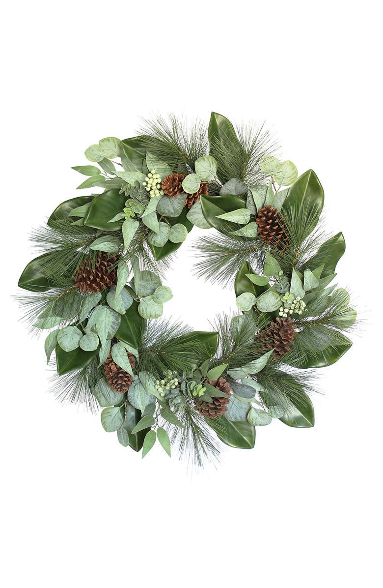 CG Hunter 28 inch Magnolia, Eucalyptus, Pinecone, & Needle Pine Wreath, Main, color, Green