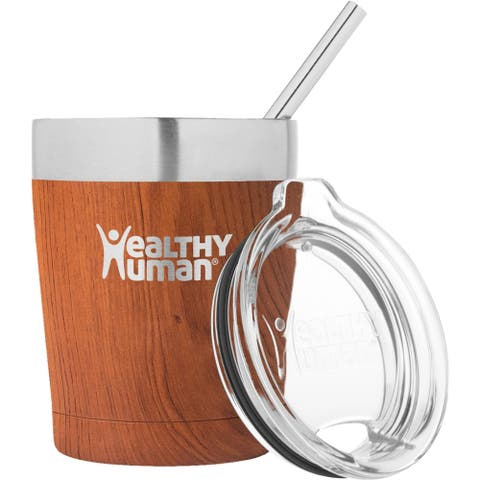 Stainless Steel Tumbler with Straw, 12 oz Natural Wood