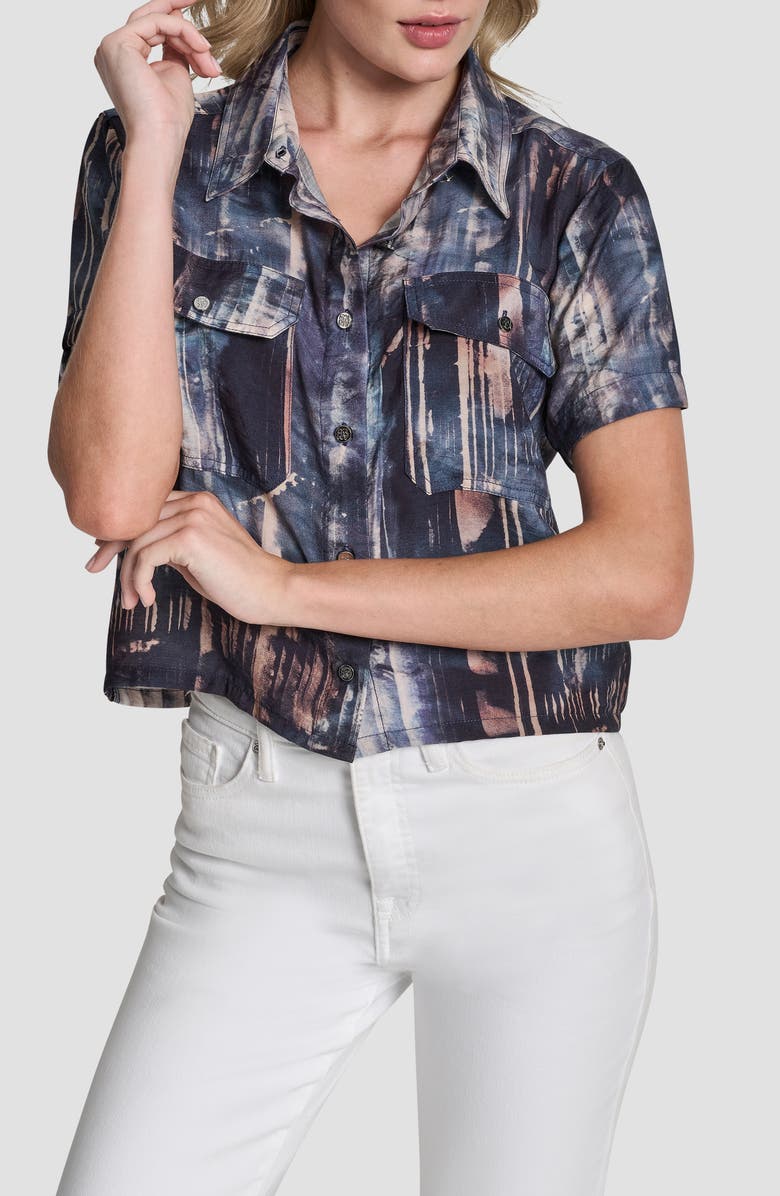 DKNY Print Short Sleeve Button-Up Shirt, Main, color, Hudson Lights