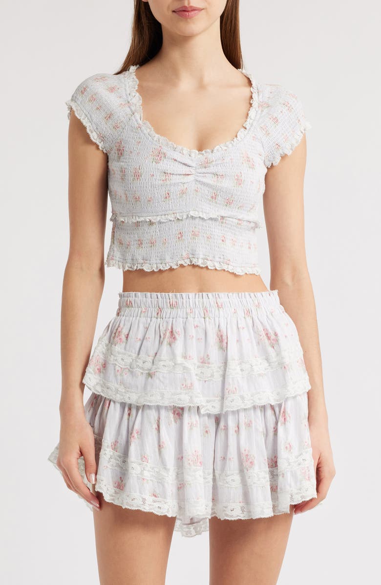 LoveShackFancy Cambron Lace Smocked Crop Top, Main, color, Skylight Blue