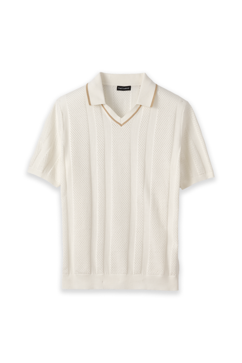 Cotton Crochet V-neck Polo, Main, color, White