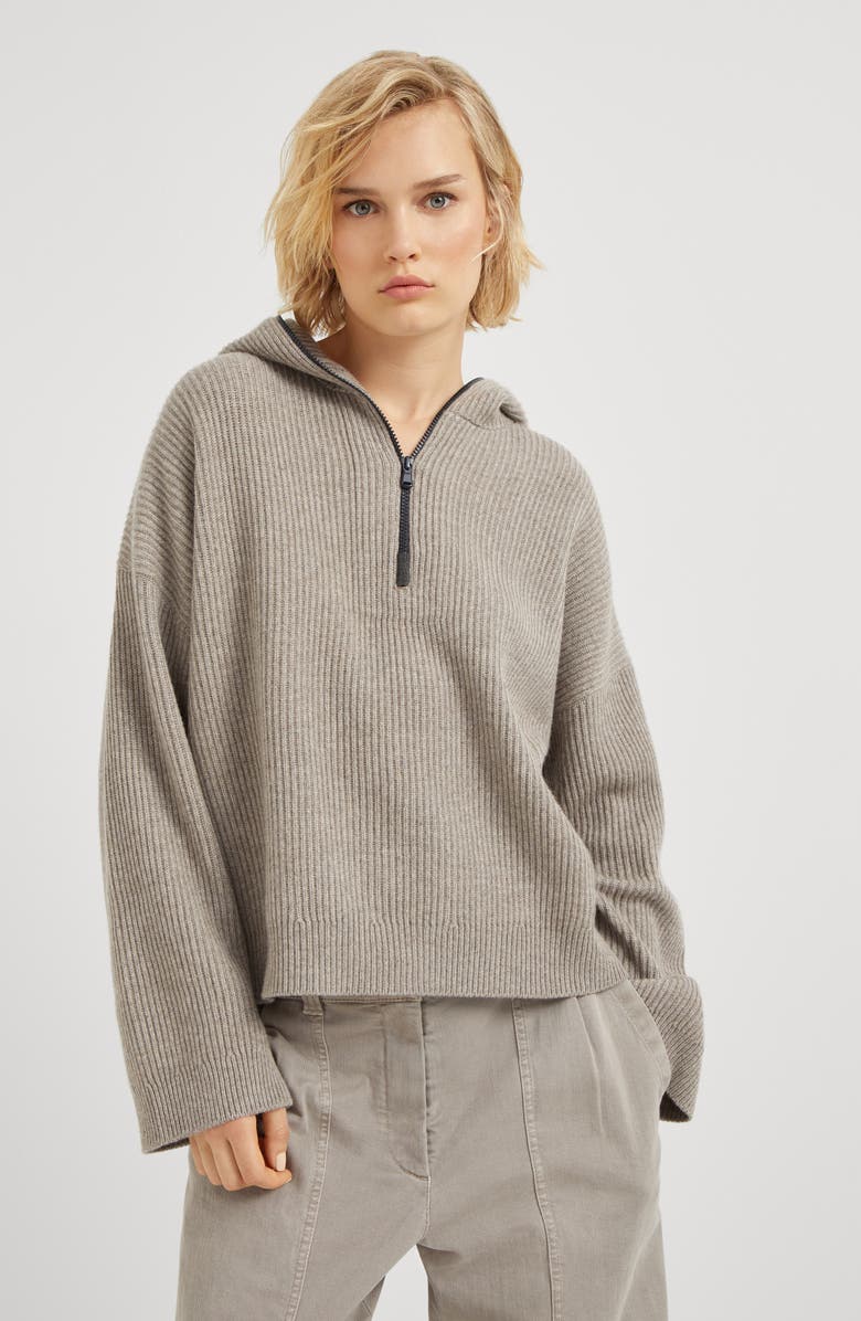 Brunello Cucinelli Cashmere English rib knit hooded sweater with shiny detail, Alternate, color, 
