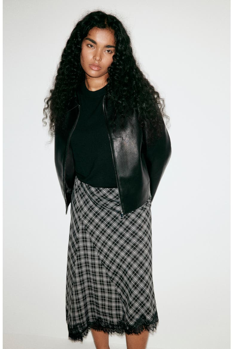 Lace Trim Plaid Midi Skirt, Alternate, color, BLACK