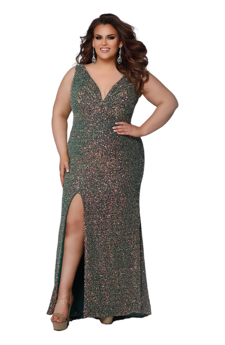 Sydney
s Closet Fitted V-Neck Multi-Dimensional Sequin Sleeveless Plus Size Gown, Main, color, 