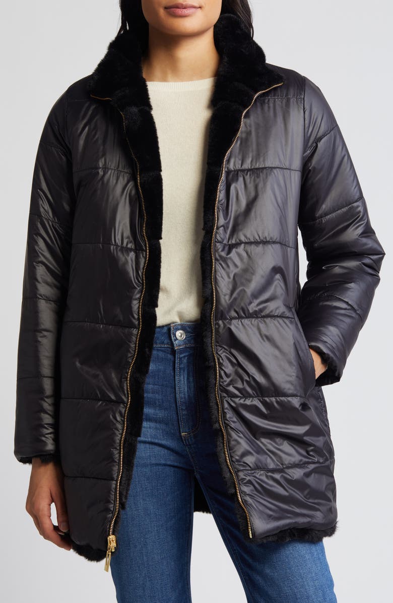 Via Spiga Wavy Reversible Faux Fur Quilted Coat, Alternate, color,