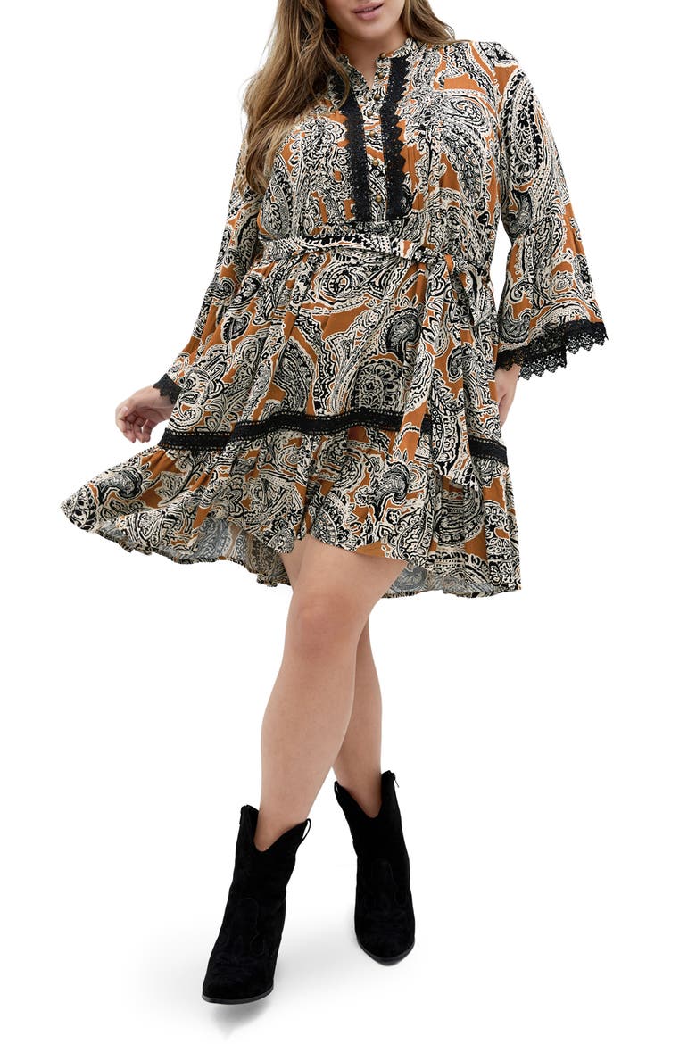 Camille Paisley Long Sleeve Dress, Main, color, CARAMEL PAISLEY