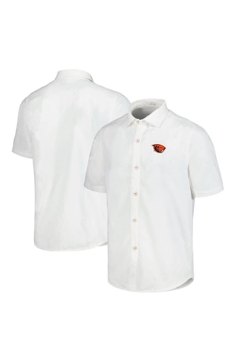 Tommy Bahama Men's Tommy Bahama White Oregon State Beavers Coconut Point Palm Vista IslandZone Camp Button-Up Shirt, Main, color,