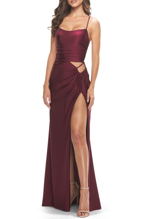 La Femme Cut Out Jersey Dress With High Slit In Dark Berry