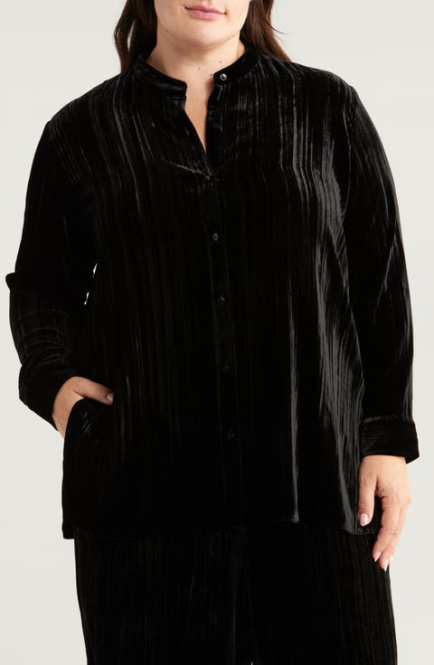 Crushed Velvet Band Collar Button-Up Shirt (Plus)