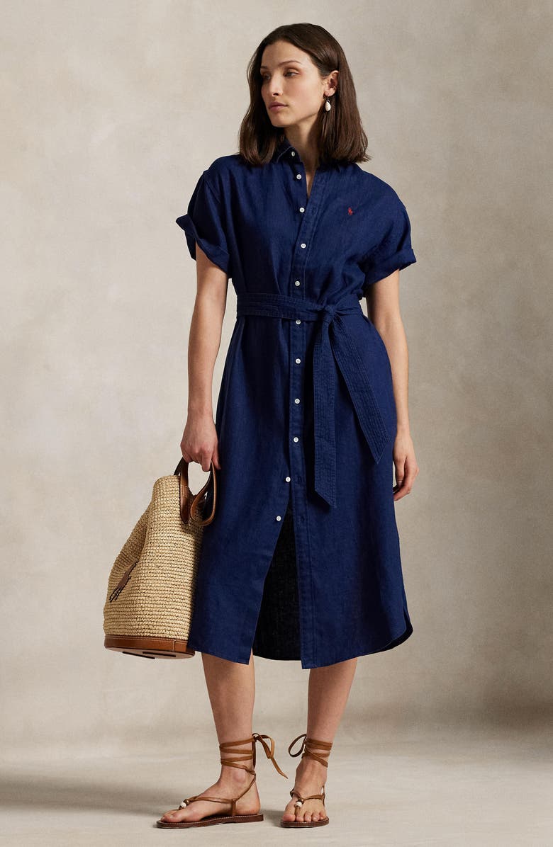 Polo Ralph Lauren Short Sleeve Belted Linen Shirtdress, Alternate, color, 