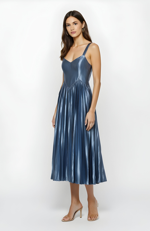 Modenaire Shiny Pleated Midi Dress With Sweetheart Neckline And Wide Straps In Blue