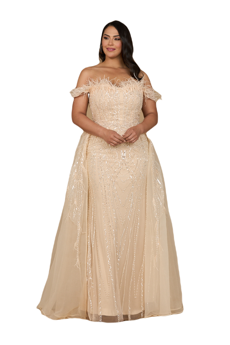 Off Shoulder Gown with Feathers, Alternate, color, Champagne
