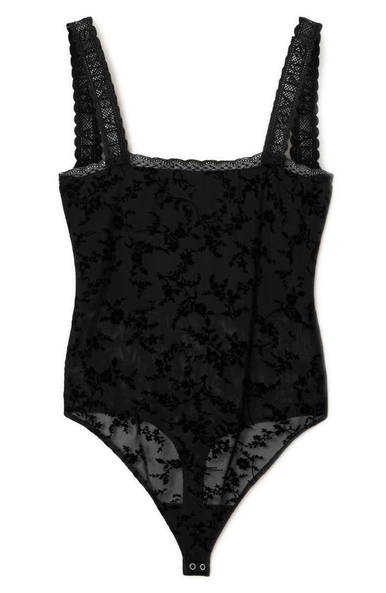 AllSaints Charli Semisheer Flocked Bodysuit, Alternate, color, Black