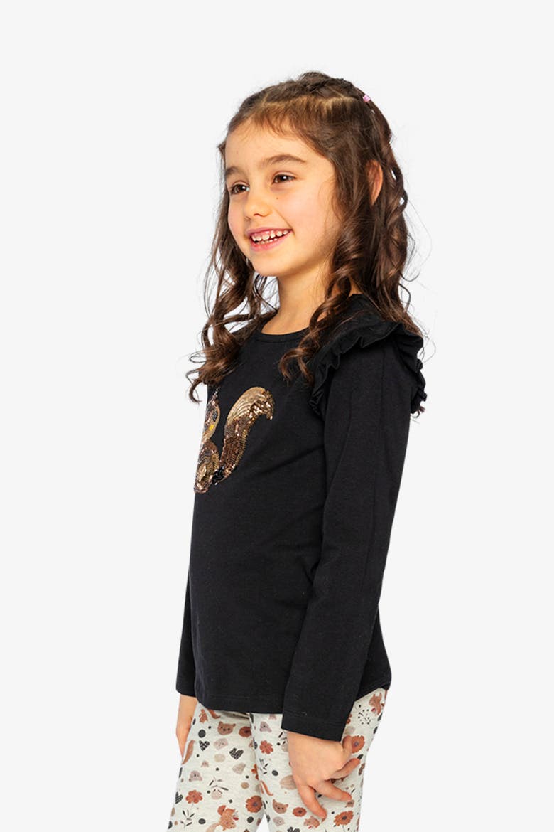 Organic Cotton Sequin Squirrel Ruffle Shoulder T-Shirt, Alternate, color, Black and Brown